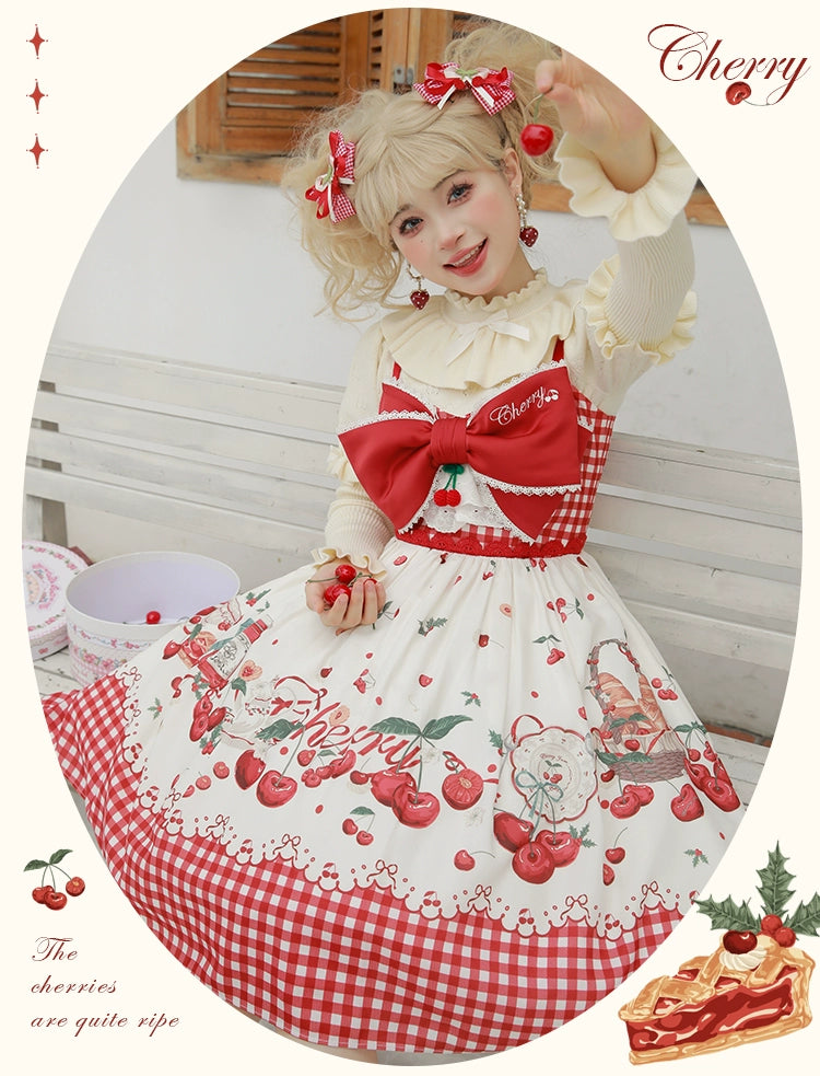 Mademoiselle Pearl~Cherry~Christmas Winter Lolita OP Dress XS Suspender JSK 