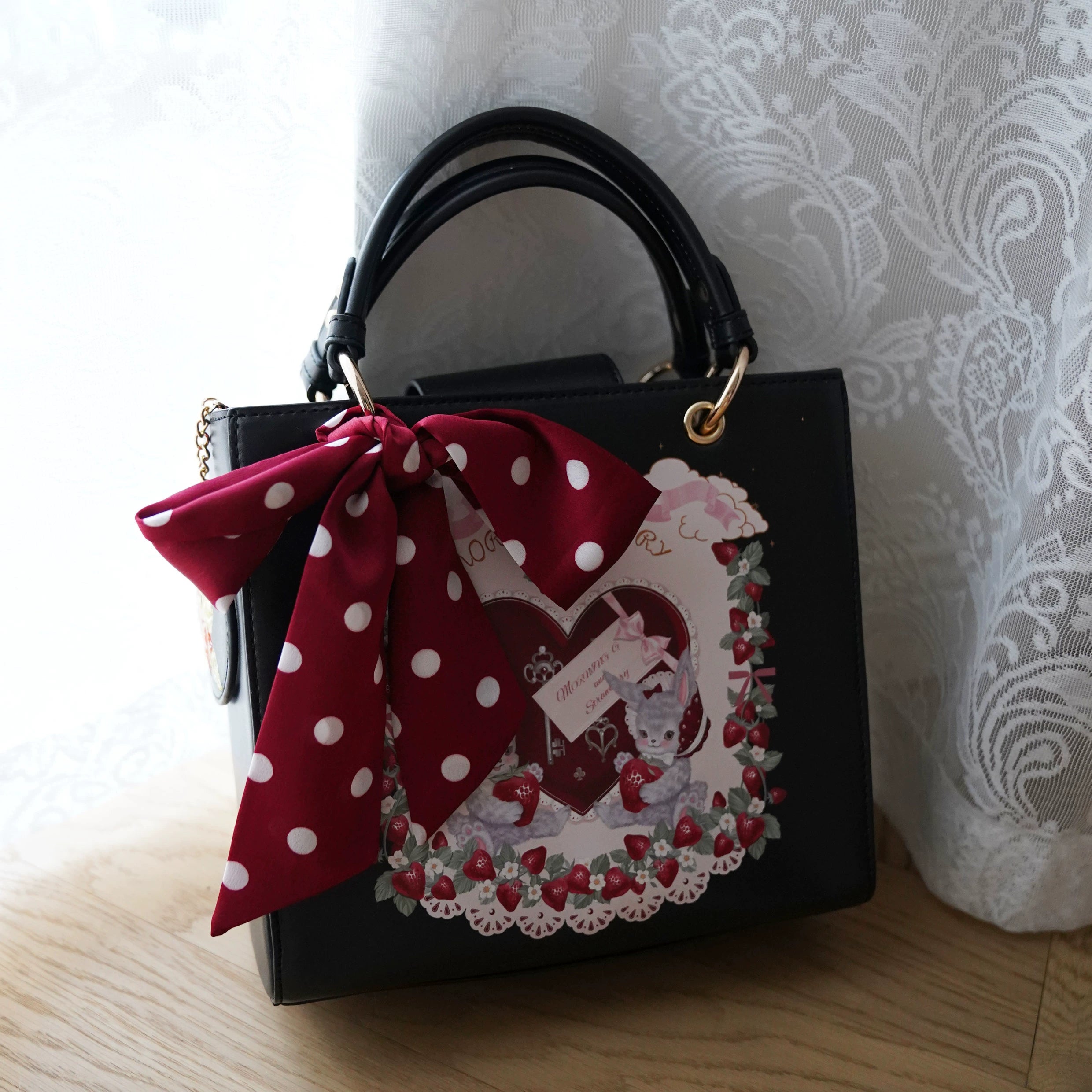 Morning Glory - Retro Lolita Handbag PU Square Wedding Bag Black - in stock
