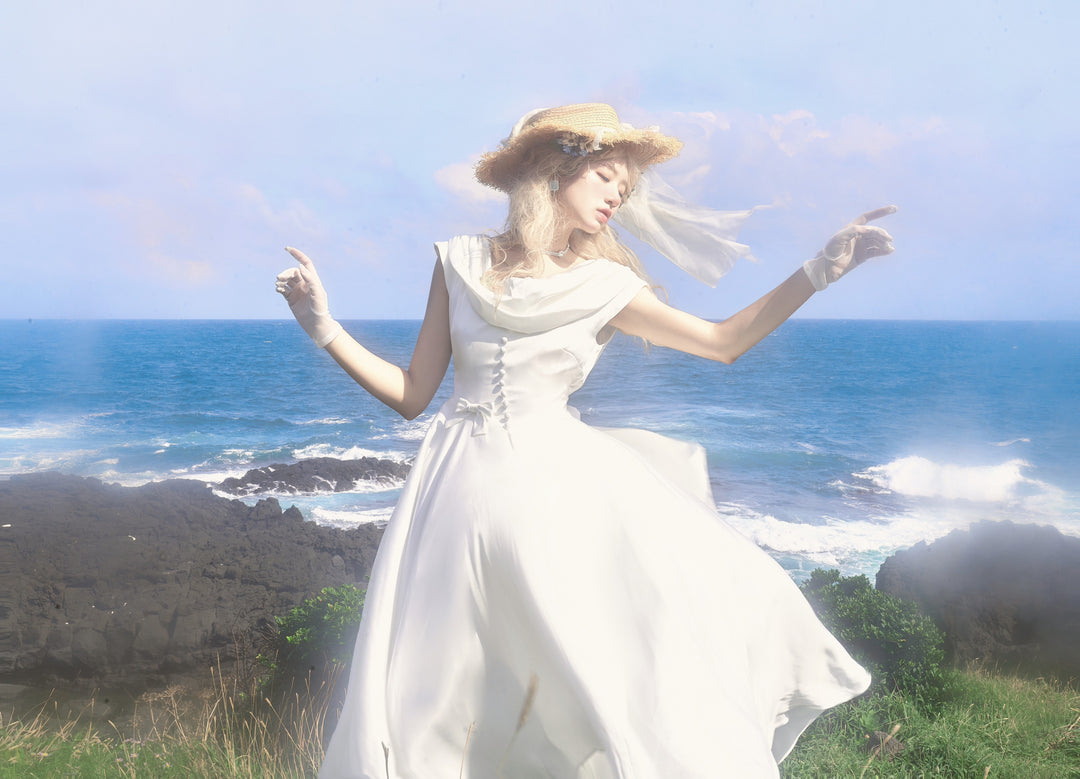 Airfreeing~To Herben~Elegant Lolita JSK Dress Ruffle Collar and Round Collar JSK Dress Set ruffled collar off-shoulder dress only S white