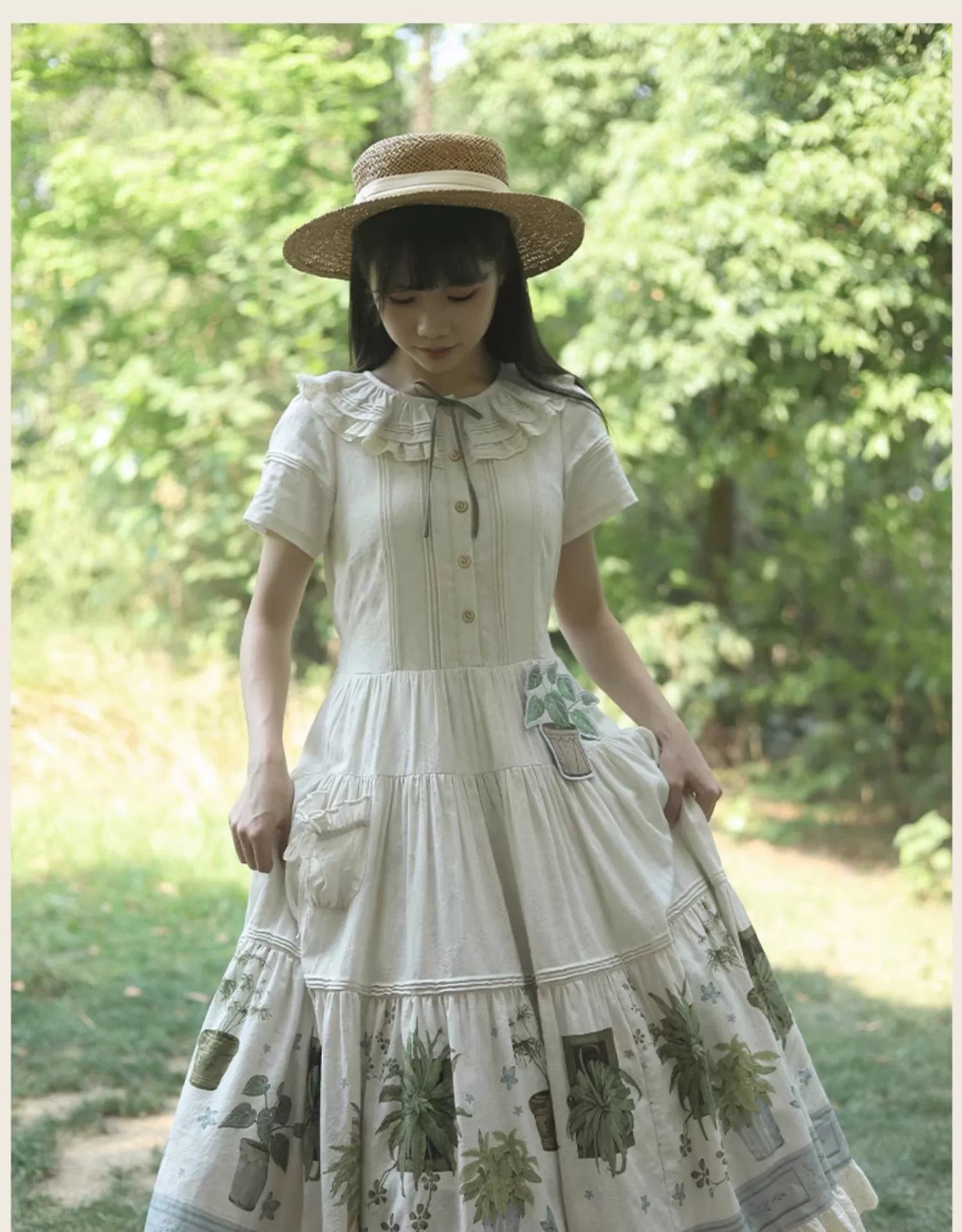 Piggy Bun - Potted Plant - Country Lolita Dress, Green Plant Print