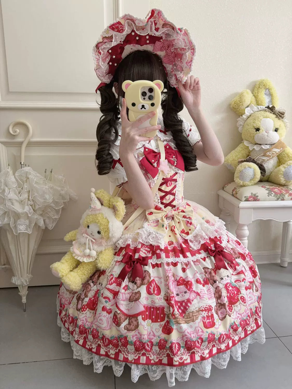 SweetBerry Bunny Bear - Sweet Lolita Tiered Lace JSK Dress, Strawberry and Bear Print