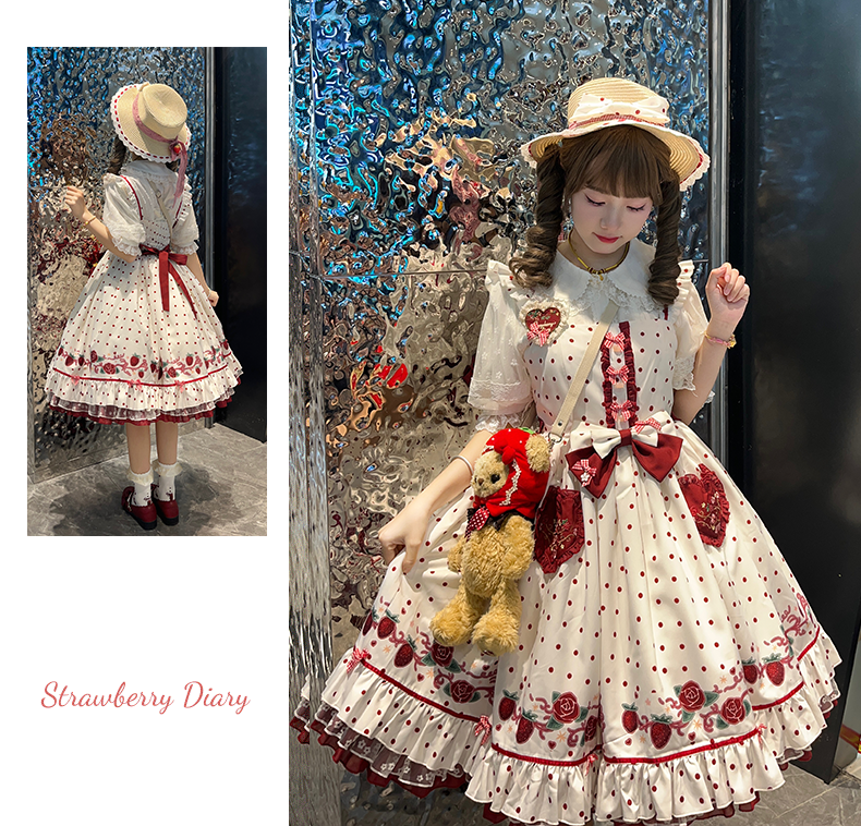 Forest Fluorescent Carps~Strawberry Diary~Sweet Lolita JSK Dress Strawberry Print   