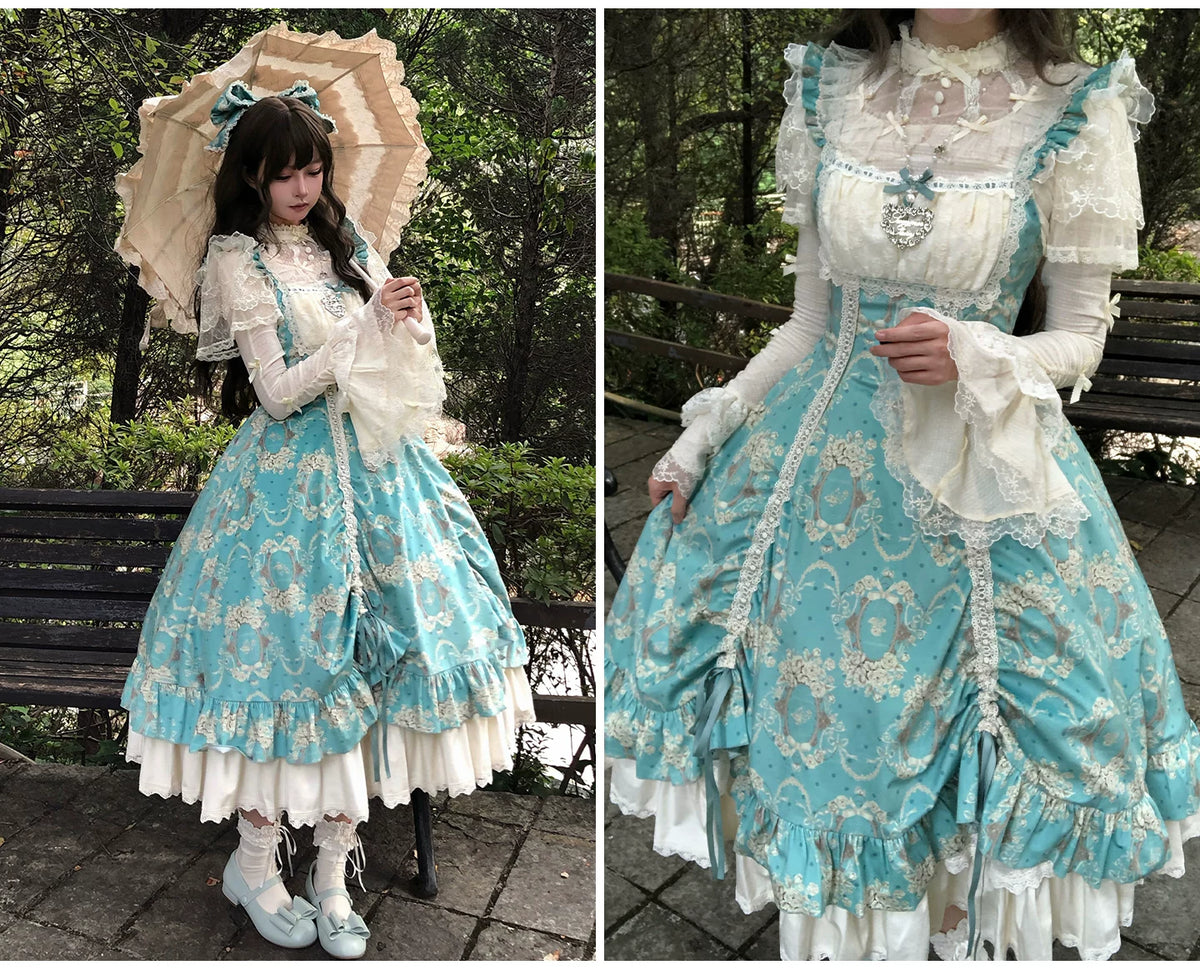 Old Courtyard Floral Letter - Classic Lolita Printed JSK Dress Set, Drawstring Lift-up Hem 46102:875291