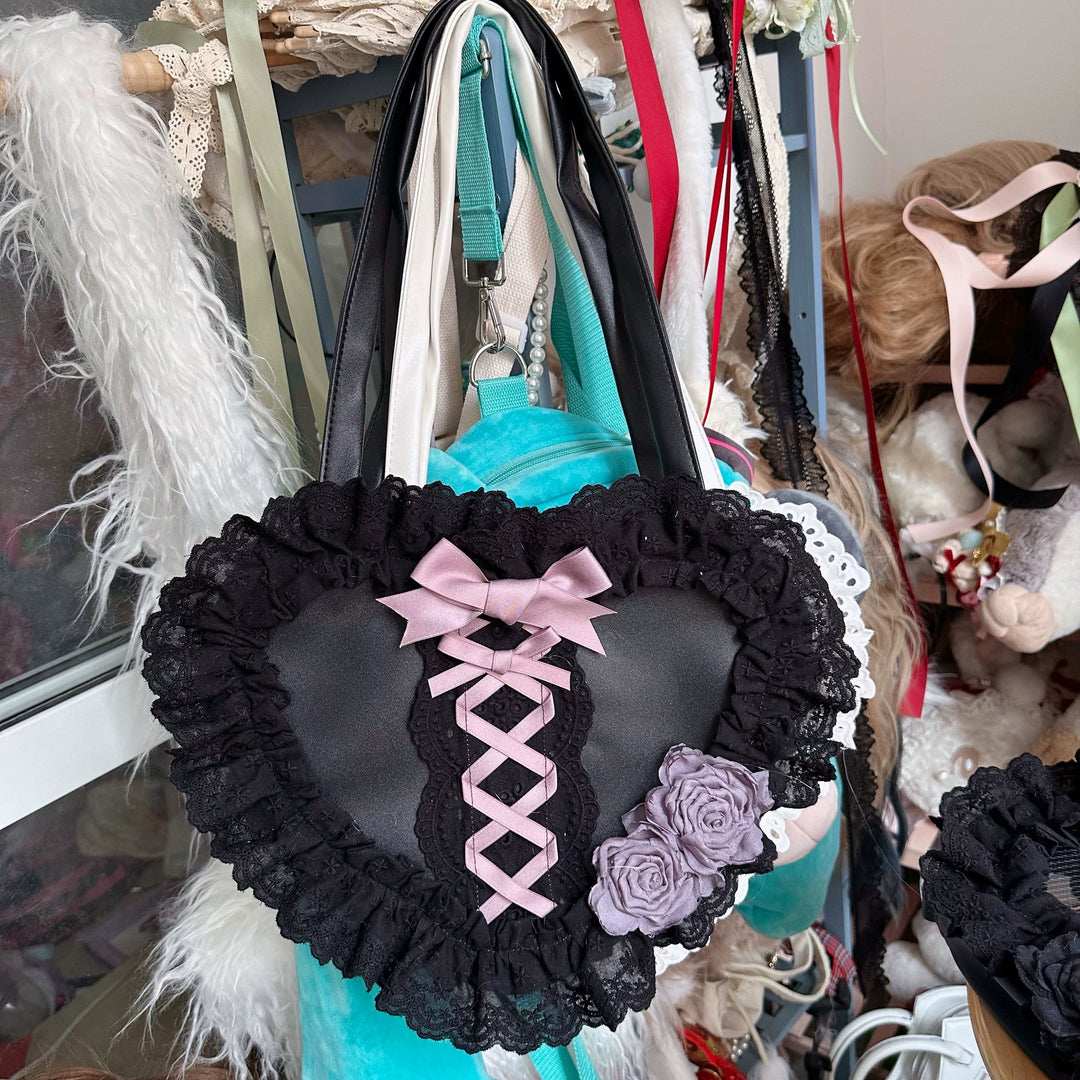 Chestnut Lolita~Sweet Lolita Bag Heart-shaped Lace Bag Multicolors black and purple  