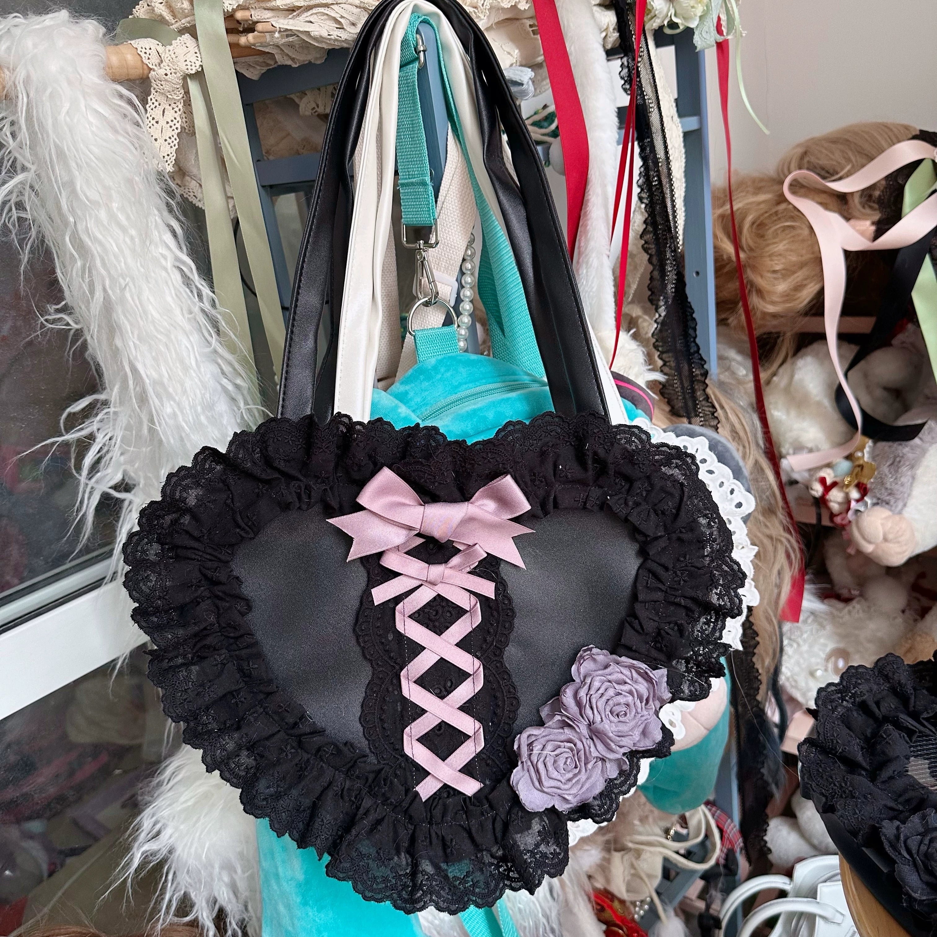 Chestnut Lolita - Sweet Lolita Bag Heart-shaped Lace Bag Multicolors black and purple