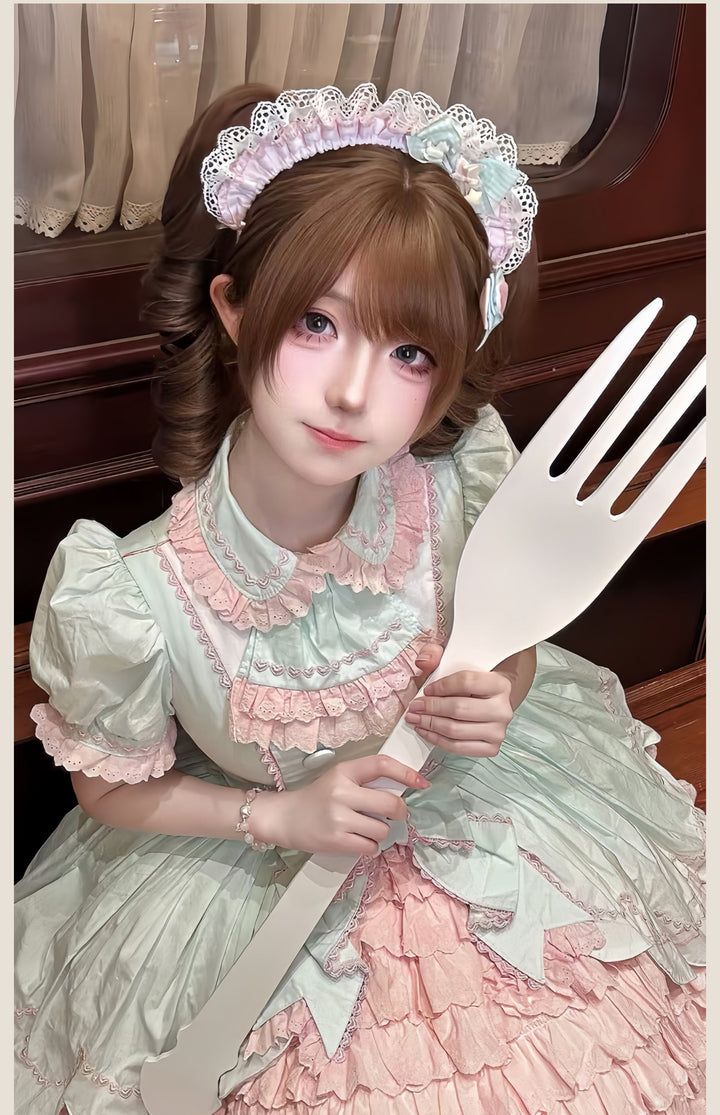 TaTaTa Lolita~Melon Parfait~Old School Lolita OP Suit Pink-Green Sweet Dress 42394:738551