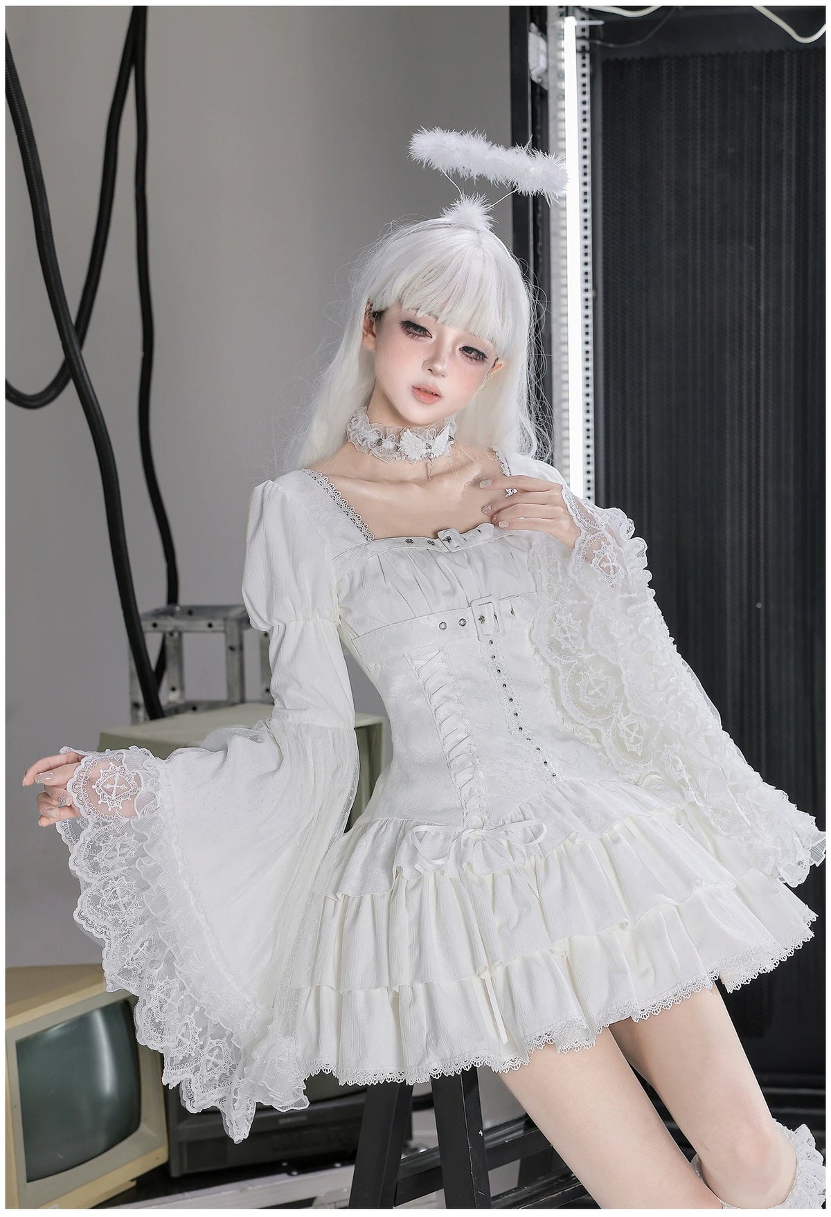 White Night Feather - Gothic Lolita OP Dress & Leg Warmers Set, Angel Cross Theme 46055:873992