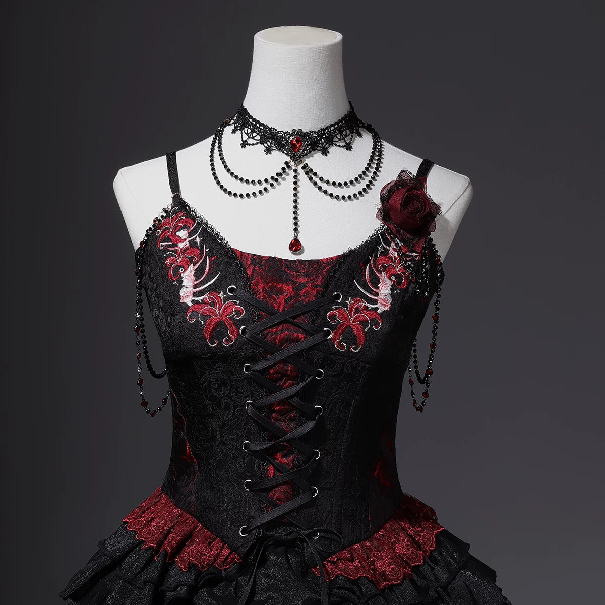 Bone Rot Bloom - Gothic Lolita Embroidered Camisole & Drawstring Lift-up Hem Skirt 45593:854818