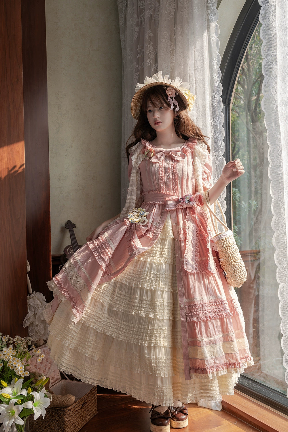 Miss Point~Cat Rose Tea~Elegant Lolita OP Open-front Short Sleeve Tiered Dress