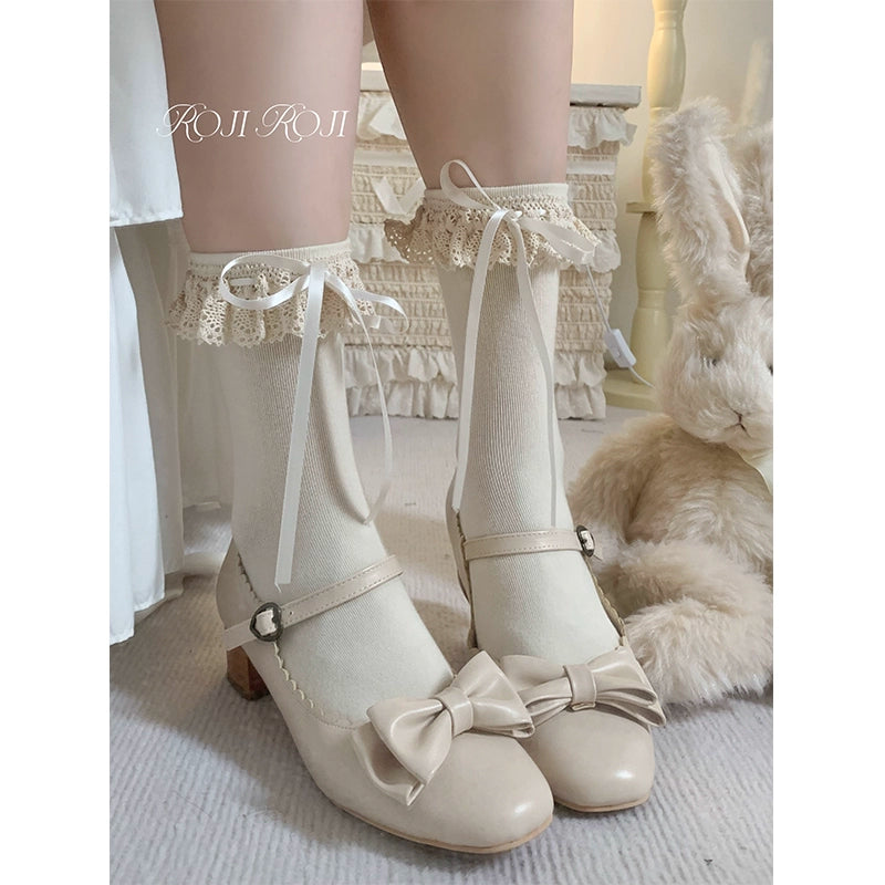 Roji Roji~Cotton Lolita Socks Lace Bow Beige Short Ankle Socks   