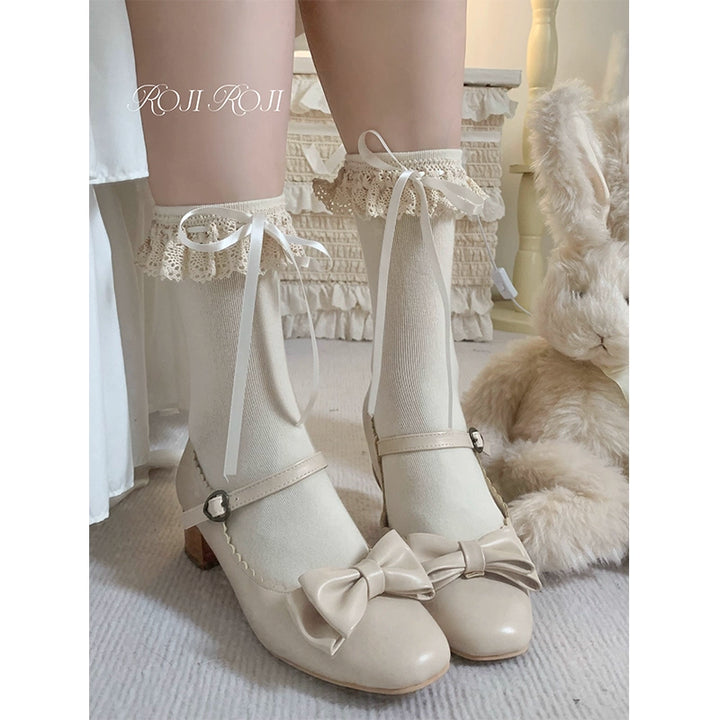 Roji Roji~Cotton Lolita Socks Lace Bow Beige Short Ankle Socks