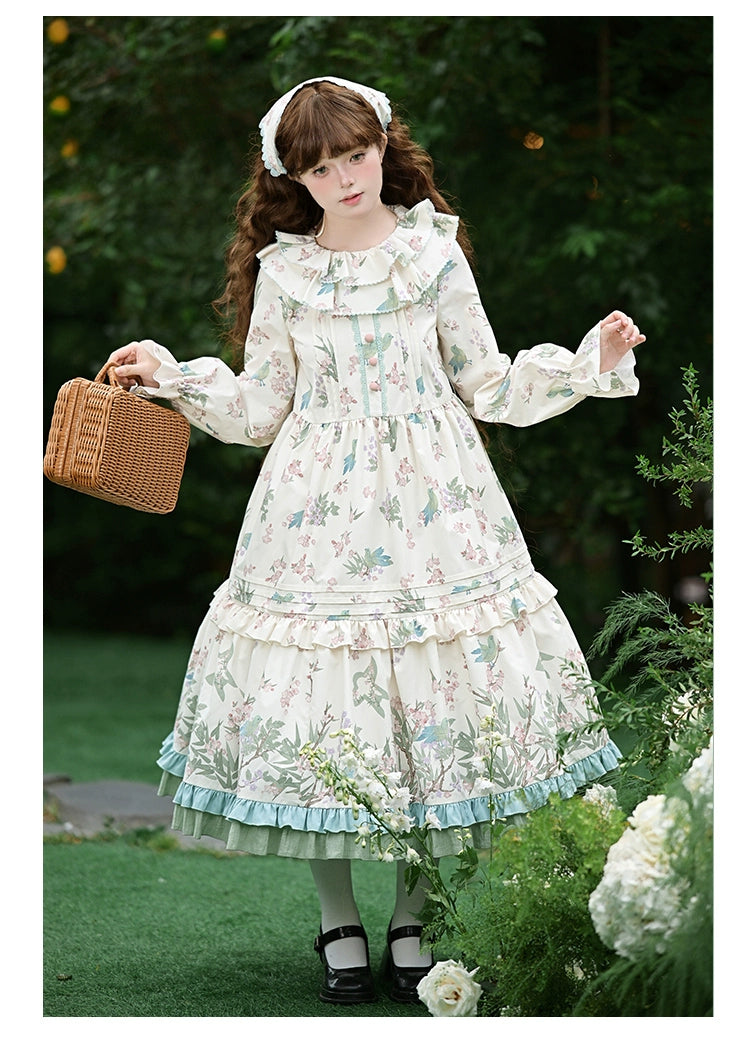 With PUJI - Oriole Time - Country Lolita JSK and OP Dress, Floral and Bird Print 44048:794539