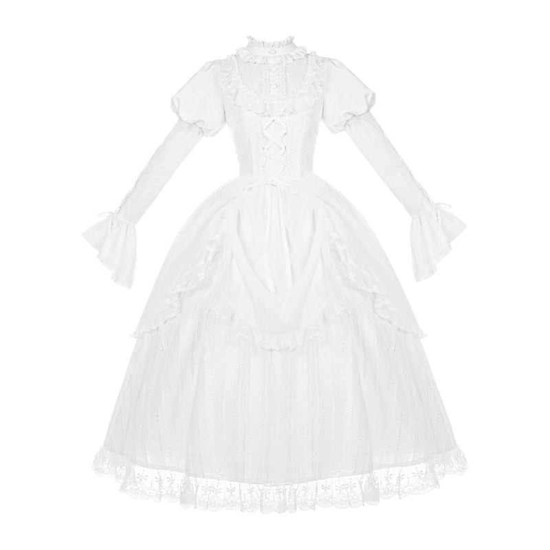 With PUJI - Fallen Heaven - White Gothic Lolita OP Set, Double Layered Skirt Long OP Only S