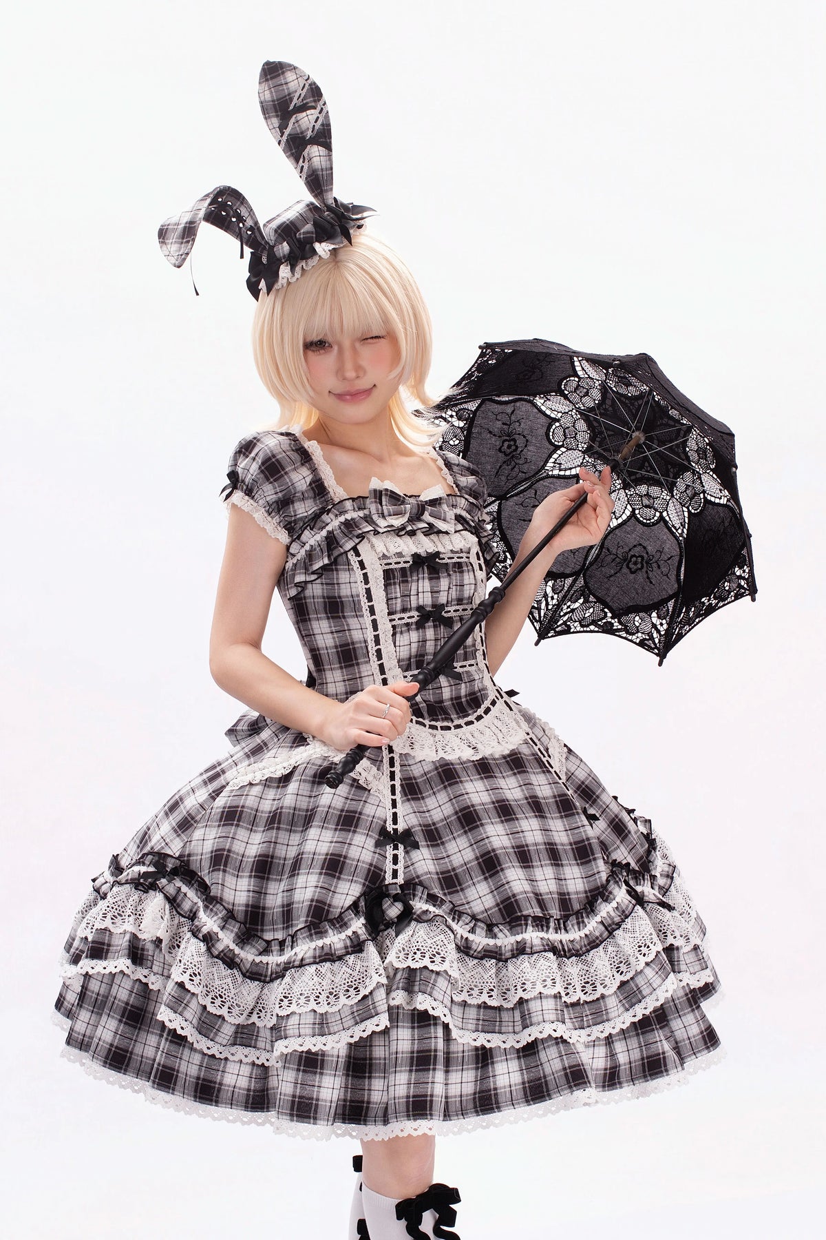 Plaid Lace Bunny - Old School Lolita Plaid OP Dress, Lace Trim 45992:871295