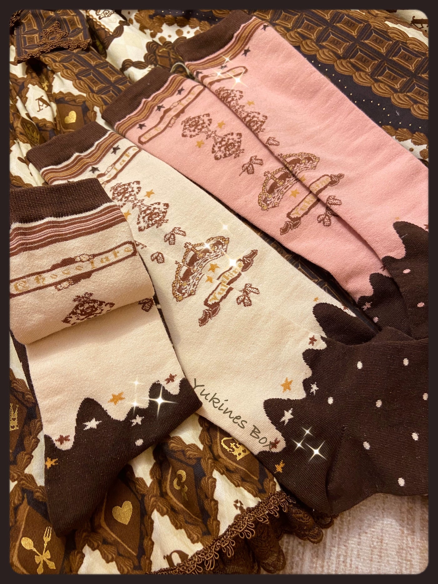 Yukines Box~Retro Lolita Chocolate Color Cotton Socks over-the-knee socks white-moccasin color 