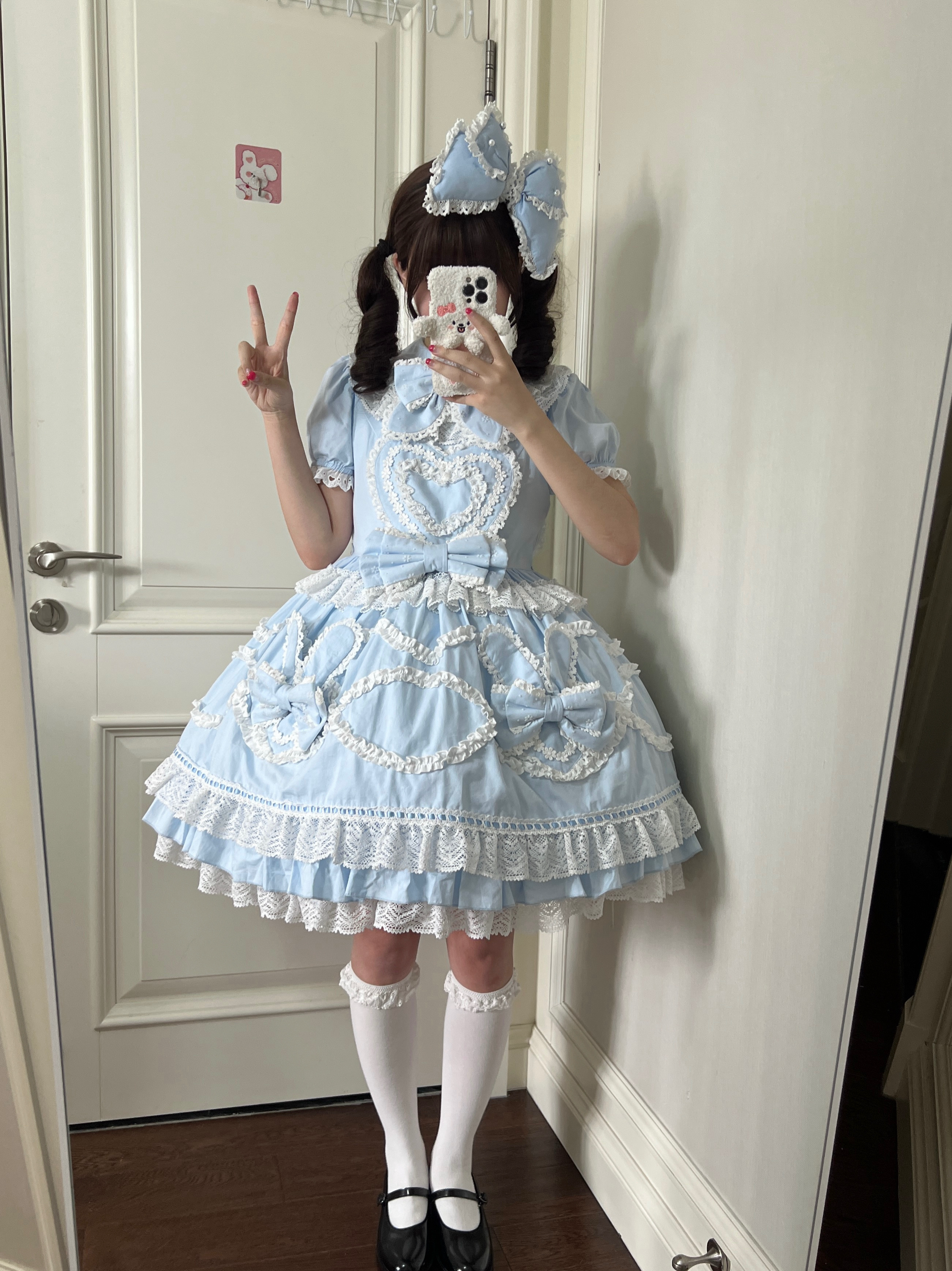 Creamy Sweet Bunny - Cotton Old School Lolita Bunny Ear OP Dress with Bows Blue OP Only S