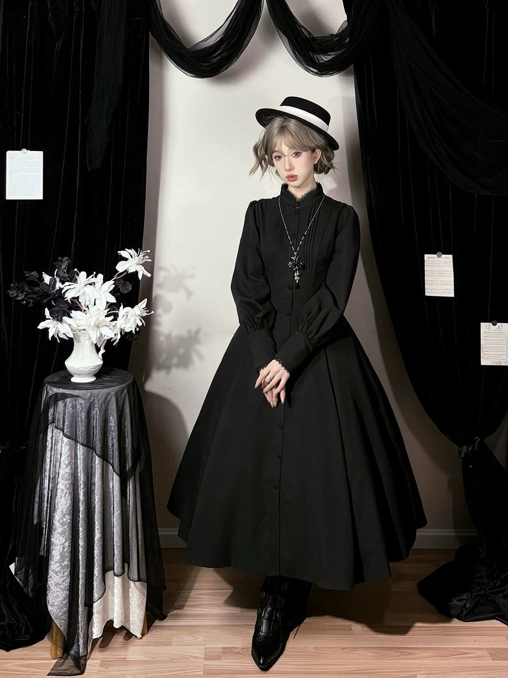 Astrea - Black Classic Lolita Long OP Dress, Side Pockets 44500:810345