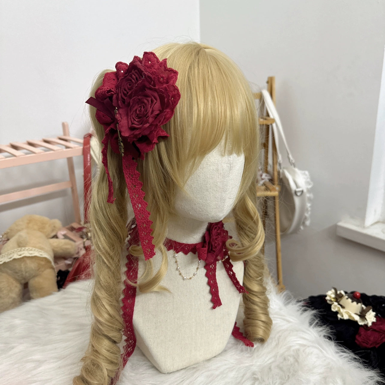 Chestnut Lolita - Elegant Lolita Rose Choker Handmade Headdress Set Multicolors solid red rose flower headdress