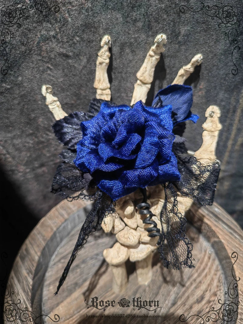 Rose Thorn - Rose Lolita Brooch/Hair Clip 2-in-1 With Lace Details Blue