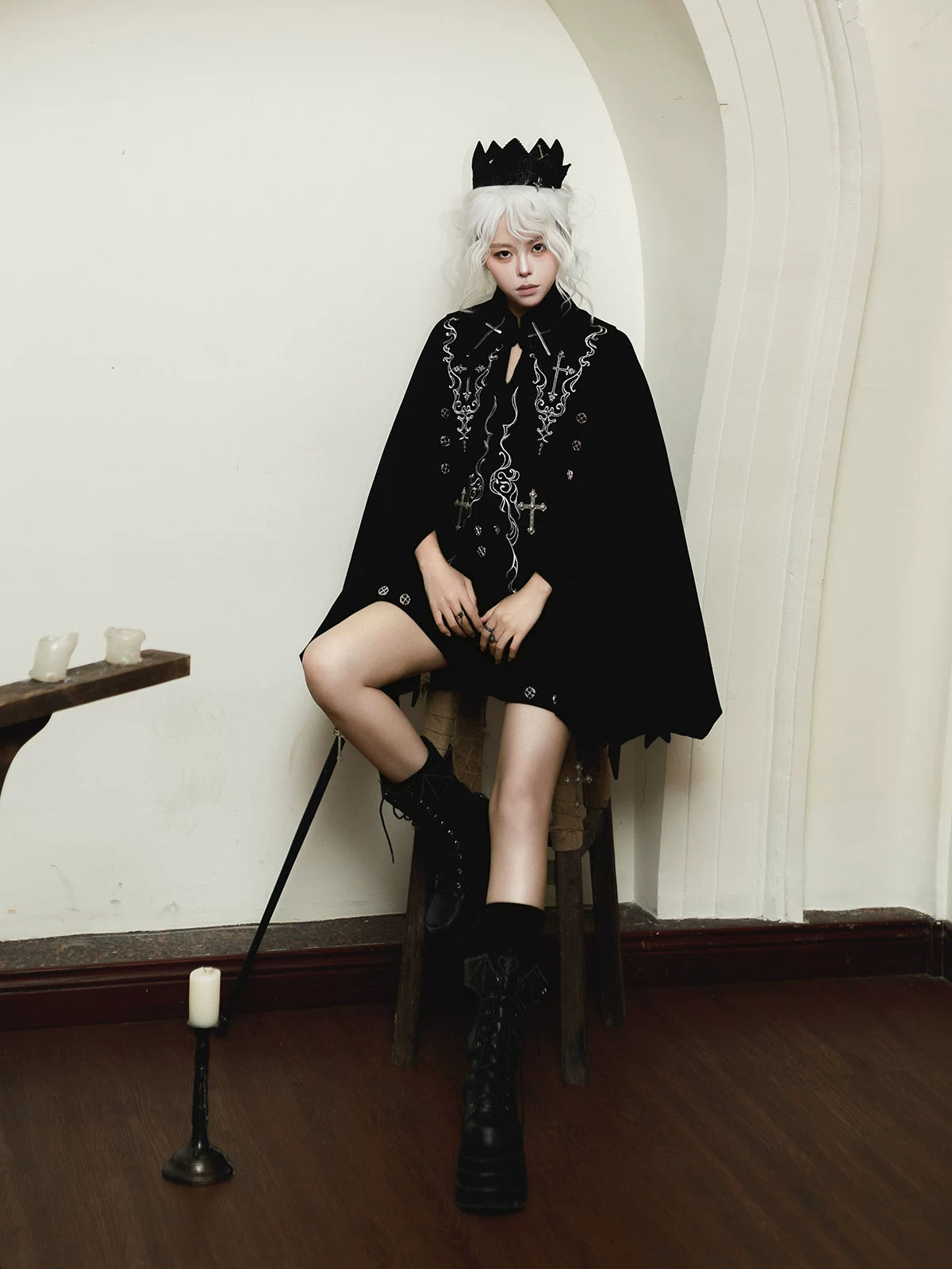 Nightfall - Ouji Lolita Outfit, Bat Wing Shaped Cape 44548:812690