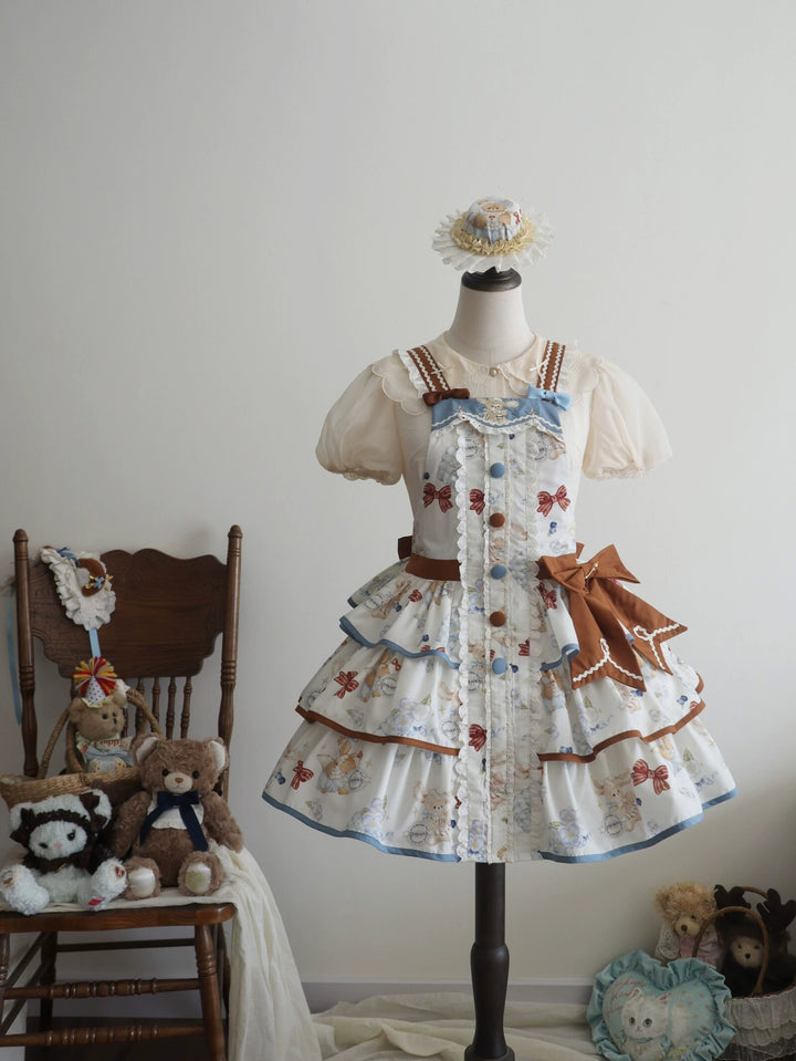 Cheese Mee Mee~Seaside Tea Party~Sweet Lolita Dress Cute Print JSK and Cape Off-white Salopette Only S