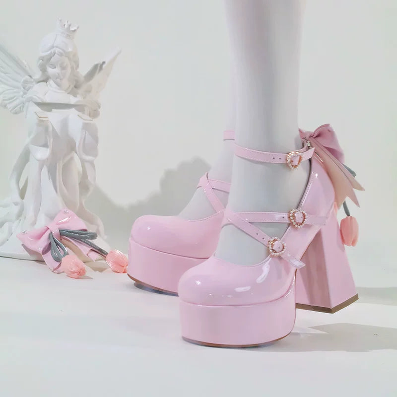 Whispering Tulip - Classic Lolita Heel Shoes, Detachable Tulip Bow 44633:816547