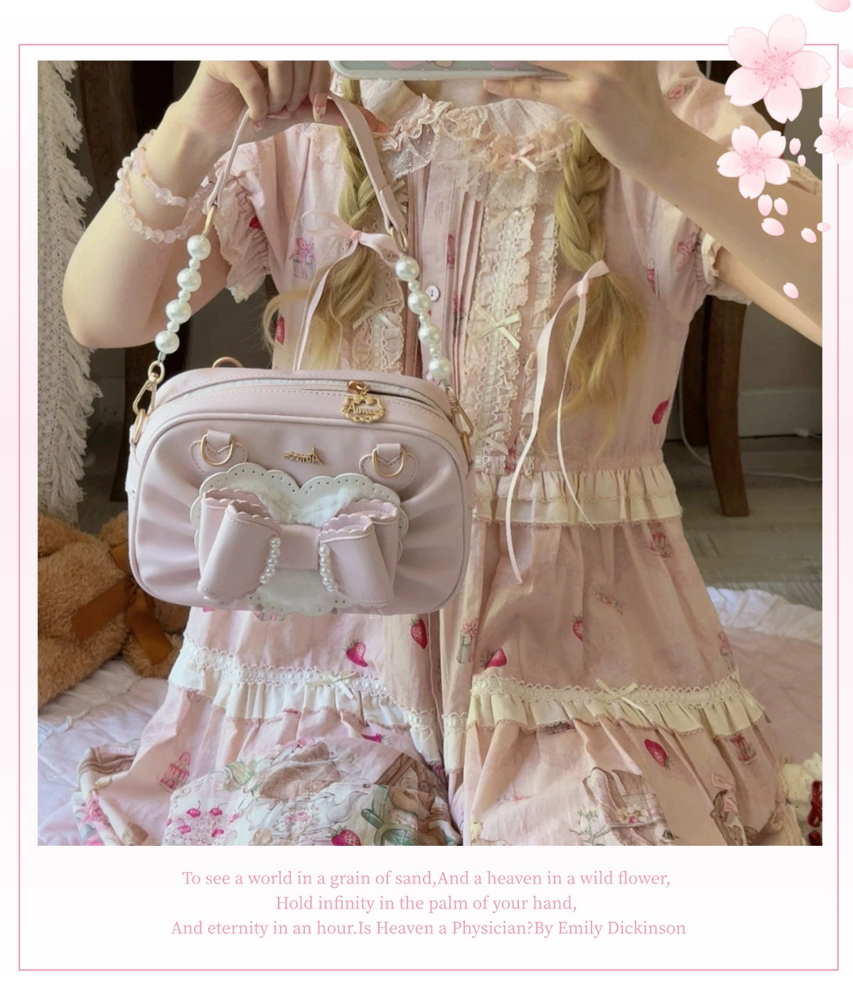 Aimee - Peach Cube Box - Sweet Lolita Pink Handbag, Bow & Pearl