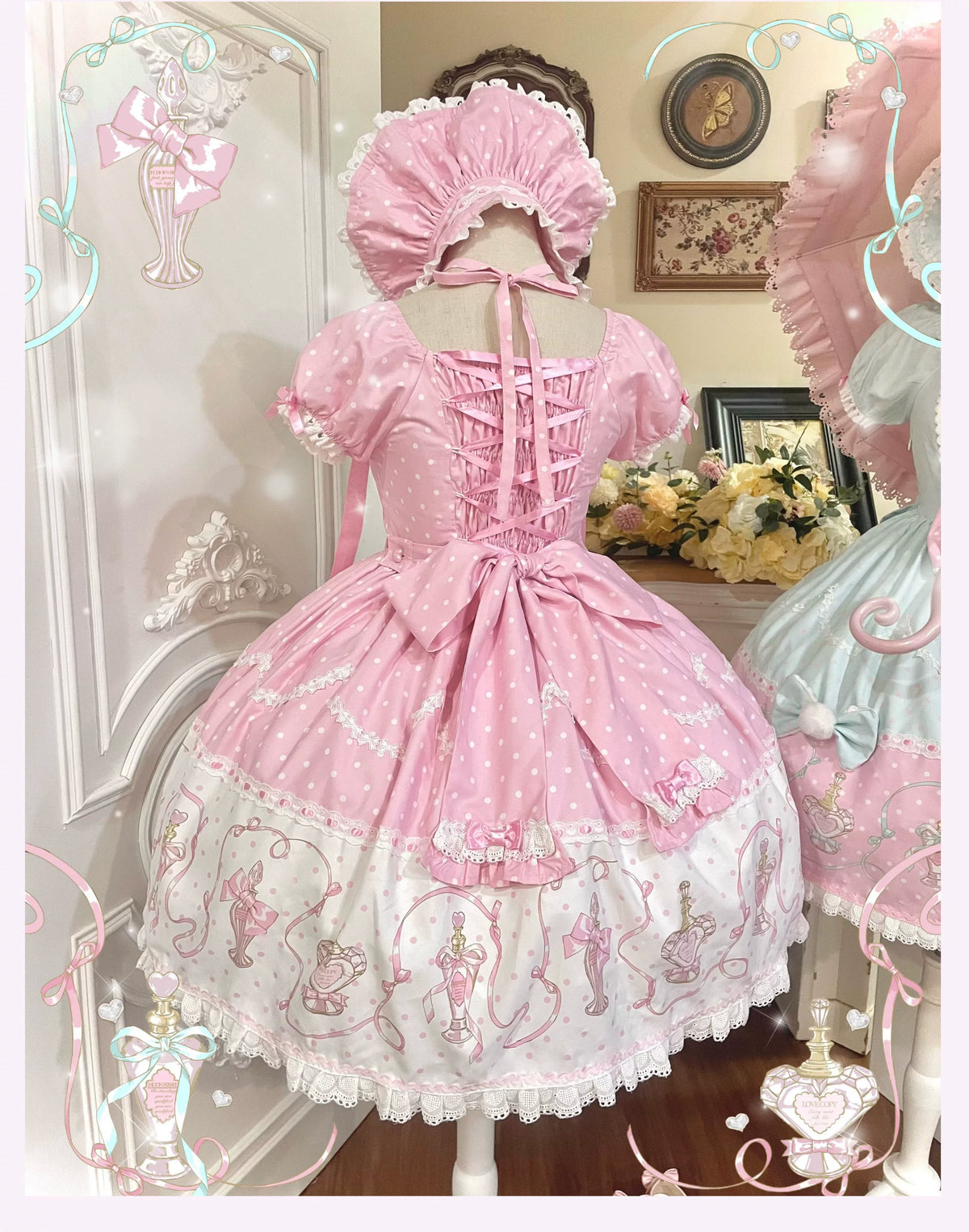 Perfume Kitty - Cotton Old School Lolita OP Dress, Perfume Print & Cat Patch 46037:873512