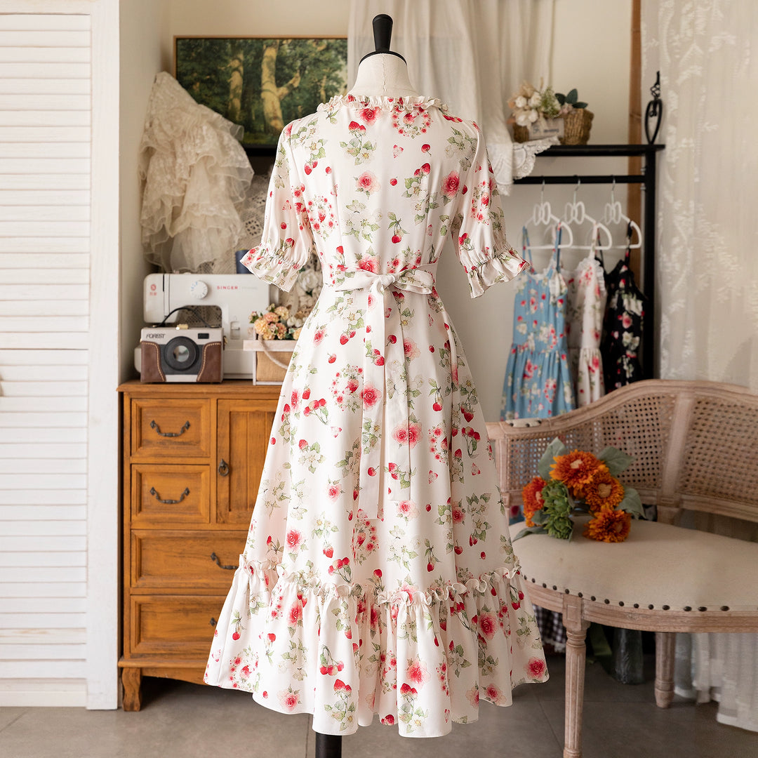 Forest Wardrobe~Summer Berry Picture Book~Vintage Lolita OP Dress Floral Print Short Sleeve Dress   