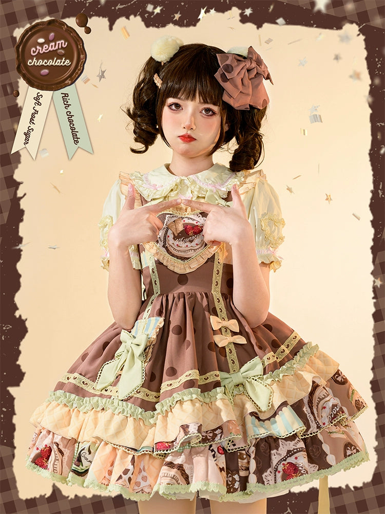 Mewroco~Cream Sugar~Sweet Lolita Flounce Hemline JSK S Brown JSK 