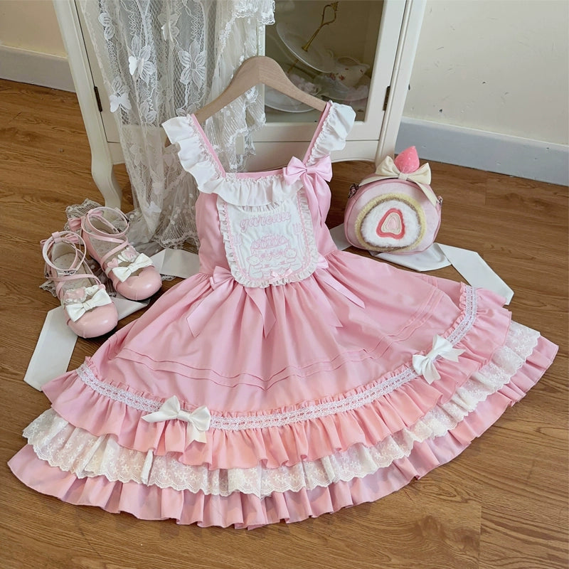 Hanguliang~Sweet Bear~Kawaii Lolita JSK Dress Embroidery Flounce Hem S pink JSK