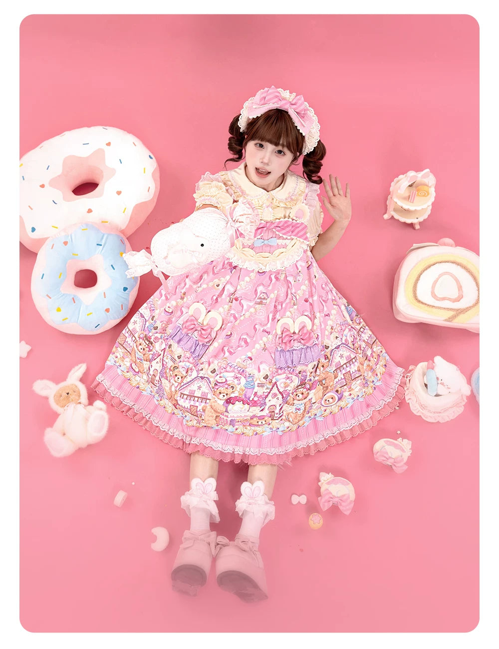 Bear Cake - Sweet Lolita JSK & OP Dress, Bear & Dessert Print 45755:860839