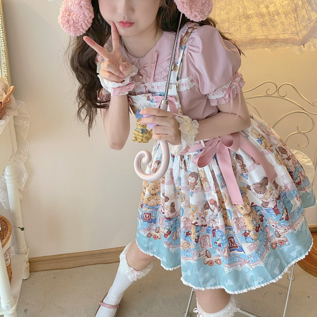 Walnut Museum~Toy Anniversary~Kawaii Lolita Dress Suit Bear Print JSK and Salopette