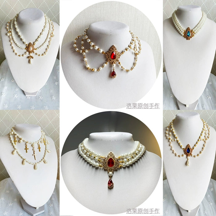 Luo Li~Wedding Lolita Necklace Multi-layer Pearl Pendant   