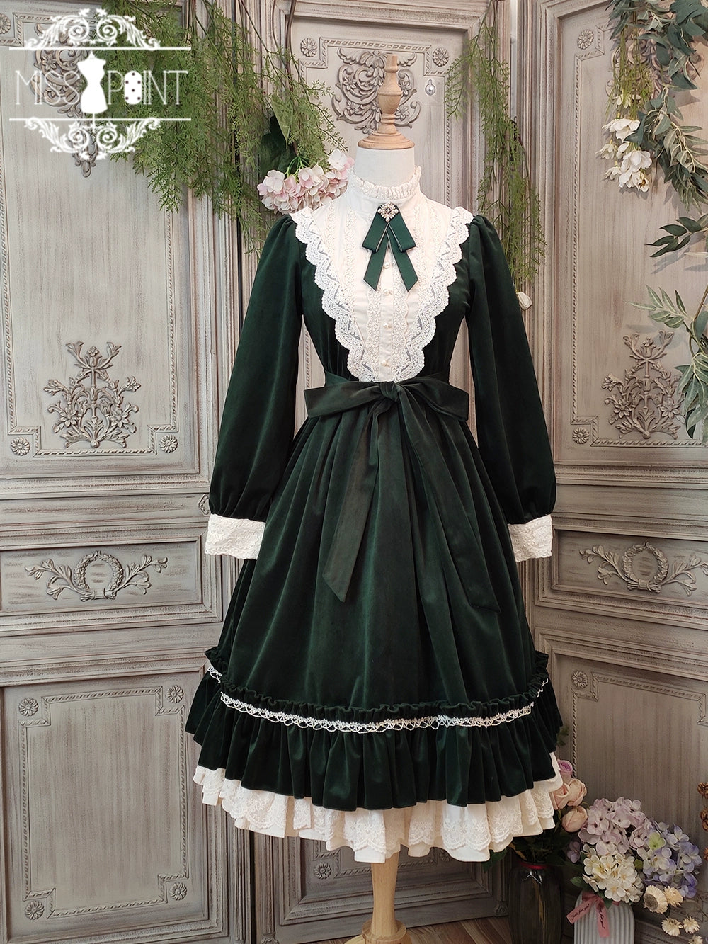 (BFM)Miss Point~Customized Lolita Dress Vintage Elegant Velvet OP Dress XS Dark green 