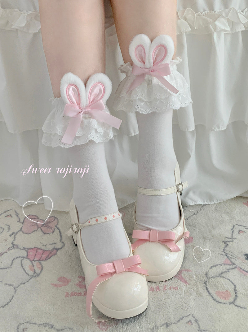 Roji roji~Cotton Lolita Bunny Ear Socks Summer Bow Short Socks Short socks (about 34cm) pink ear with white lace 