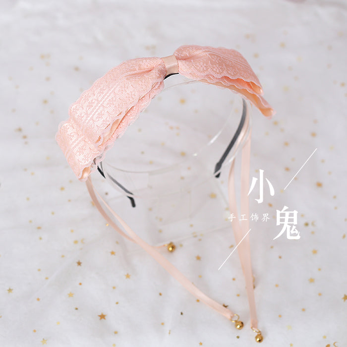 Xiaogui - Kawaii Lolita Bell KC Lace Bow Hair Accessory honey pink lace bell-tassel headband