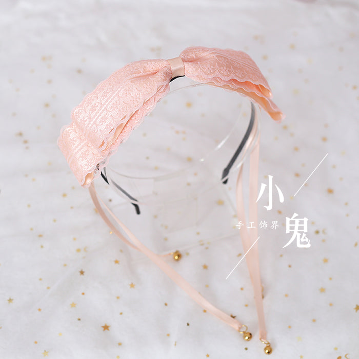 (BFM)Xiaogui~Kawaii Lolita Bell KC Lace Bow Hair Accessory honey pink lace bell-tassel headband  