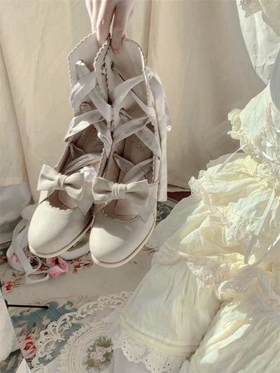 (BFM)MR Qiuti~Muse Kiss~Elegant Lolita Shoes Lace-up Bow Heels Round Toe 35 Light Khaki-3.5cm Mid Heel 