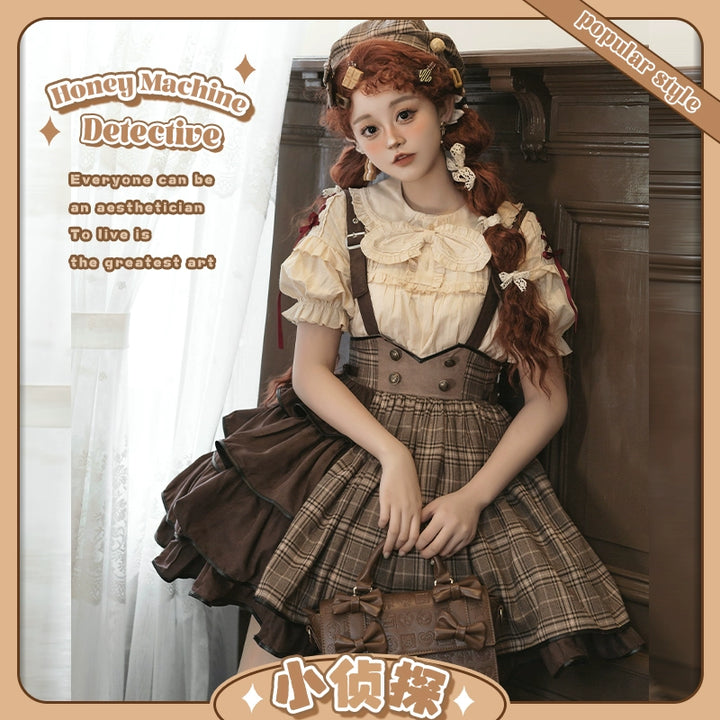 Honey Machine~Little Detective~Gothic Punk Lolita Salopette free size SK+ short sleeve blouse 