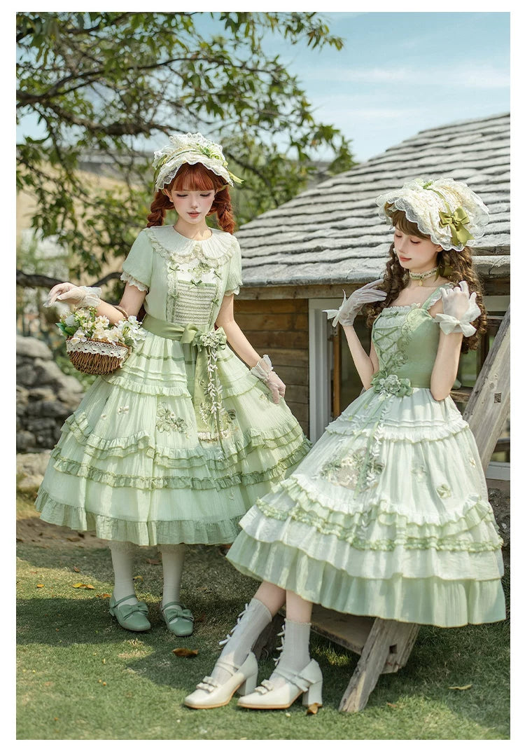Green Grape - Embroidered Country Lolita OP Dress, Tiered JSK