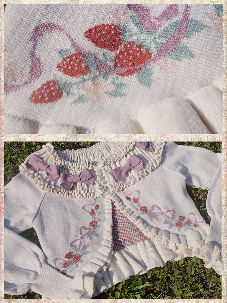 Lilizi~Little Strawberry~Sweet Lolita Cardigan Ivory Sweater with Bows