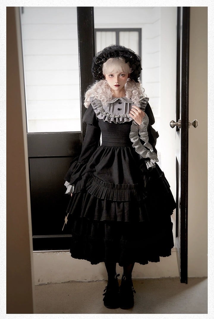 With PUJI~Midnight Chronicles~Black Old School Lolita OP Dress with Princess Sleeve