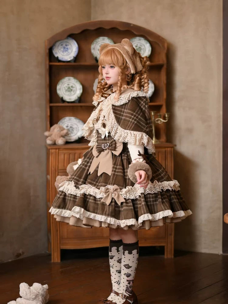 Choco Chestnut - Plaid Kawaii Lolita JSK Dress, Peter Pan Collar Cape 44501:810614