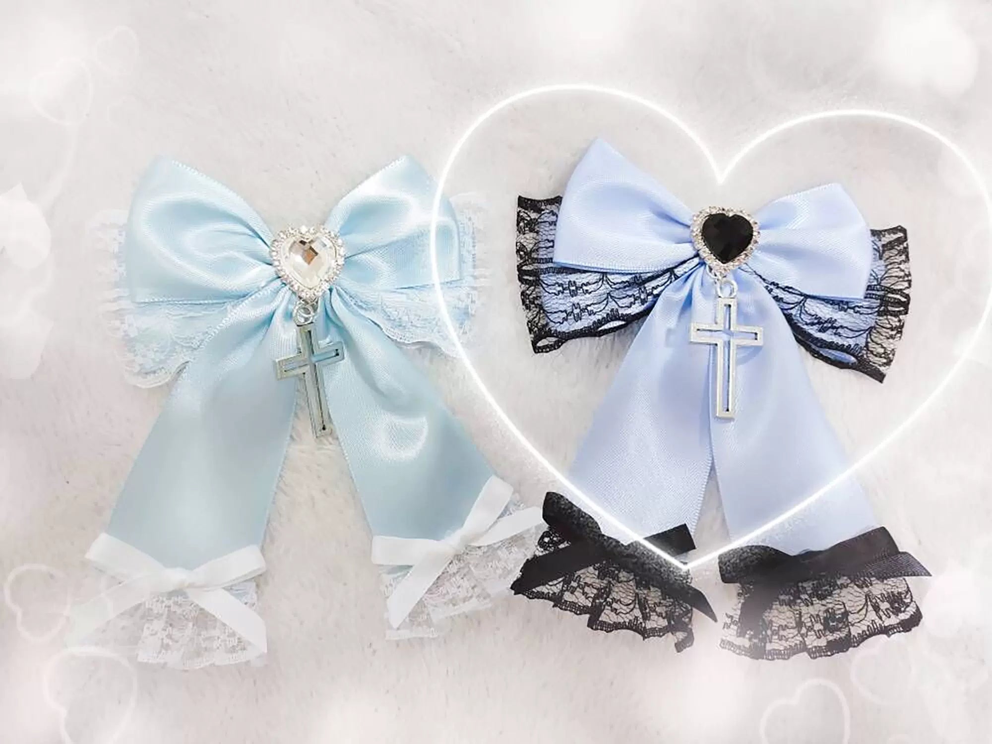 Rabbit Lolita - Landmine - Gothic Lolita Bow Clips Love Lace Cross Hair Accessory Cream blue