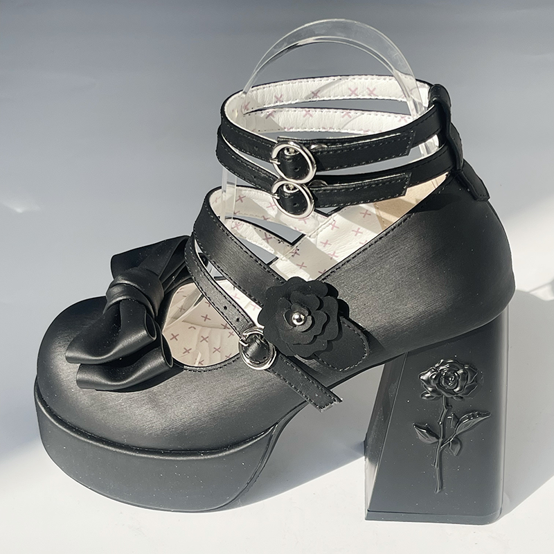 Dreamland - 11 cm Sweet Lolita Shoes with High Platform & Rose Print Heel Matte Black 34