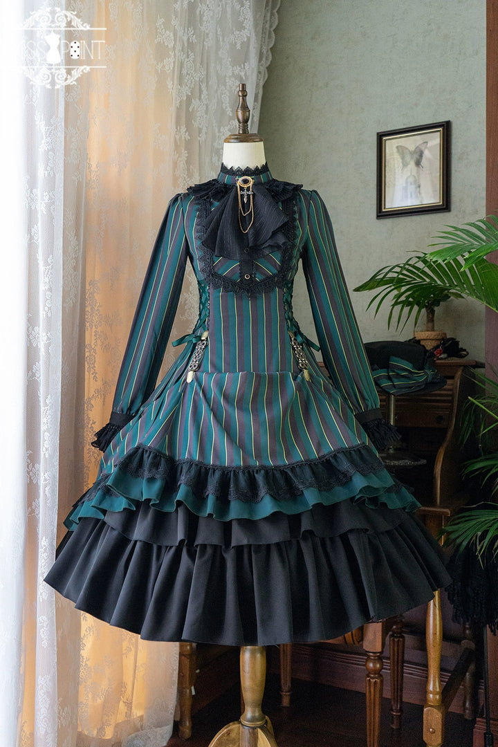 Miss Point~Perintz Manor~Gothic Lolita OP Long Sleeve Retro Lolita Dress XS Green stripes 