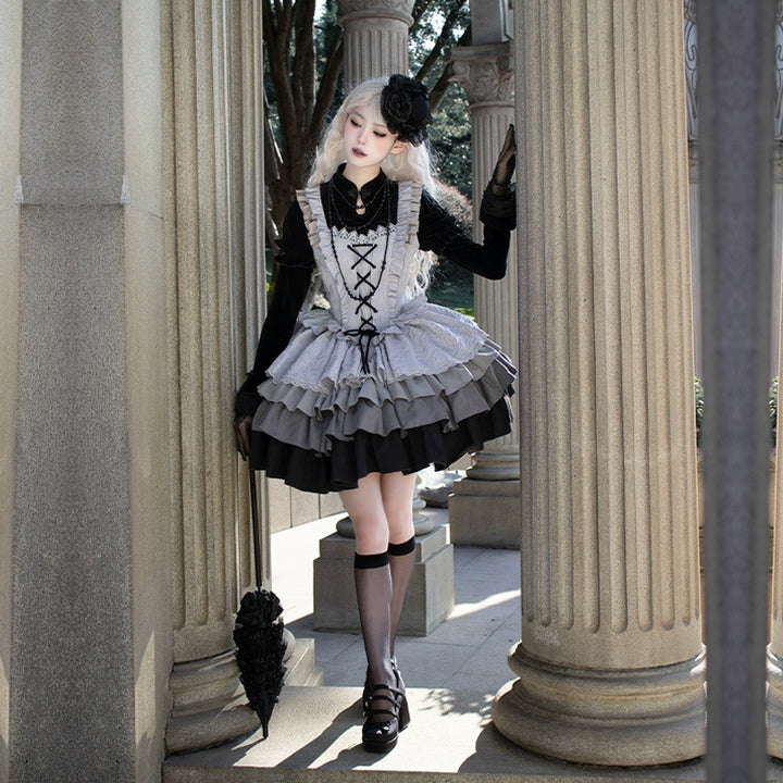 With Puji~Innocent Talk~Halloween Chinese Style Lolita OP Black-silver Gray Dress   