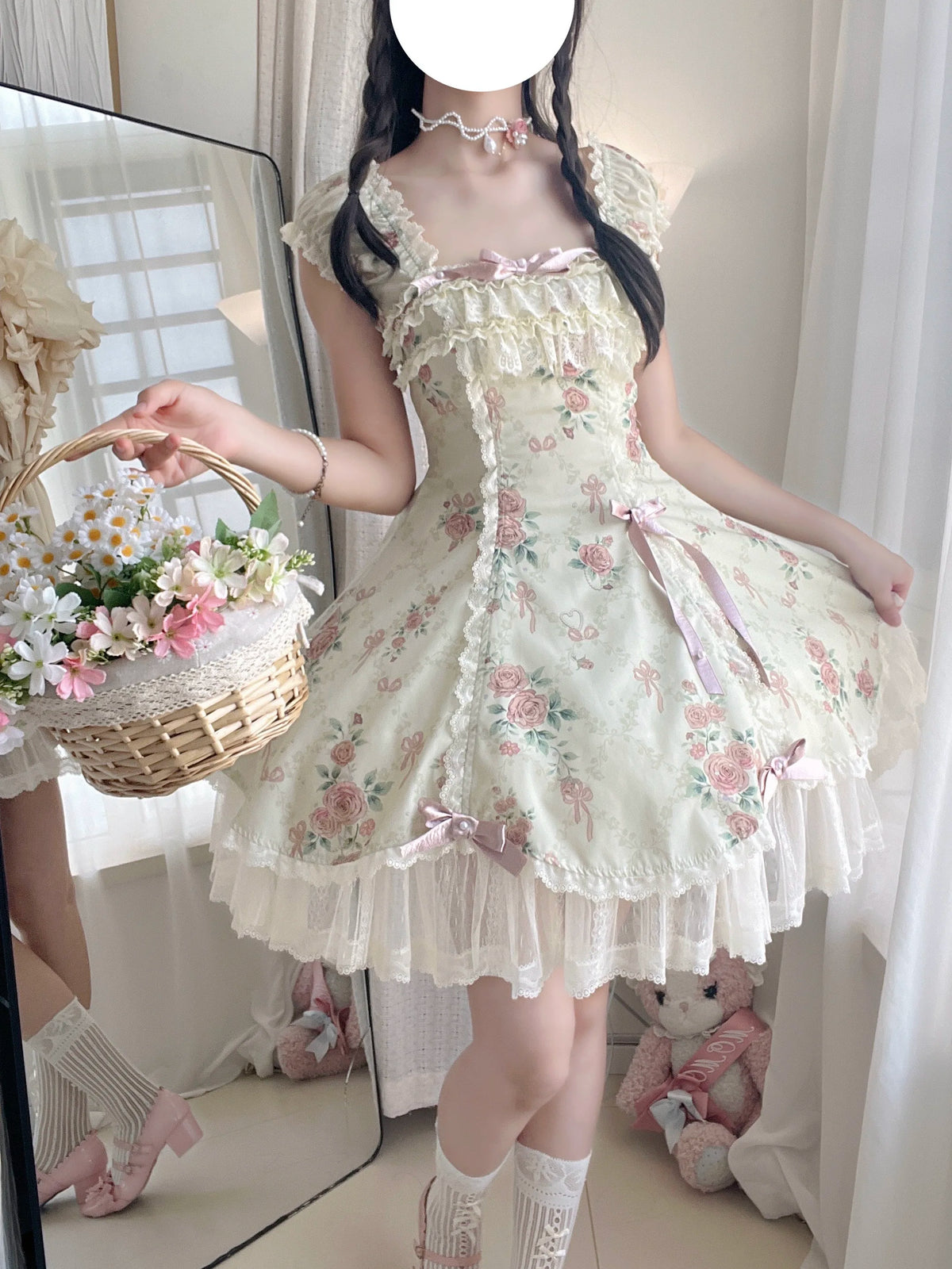 Pearl & Rose - Old School Lolita Floral Print Lolita OP Dress, Back Opening 45925:868397