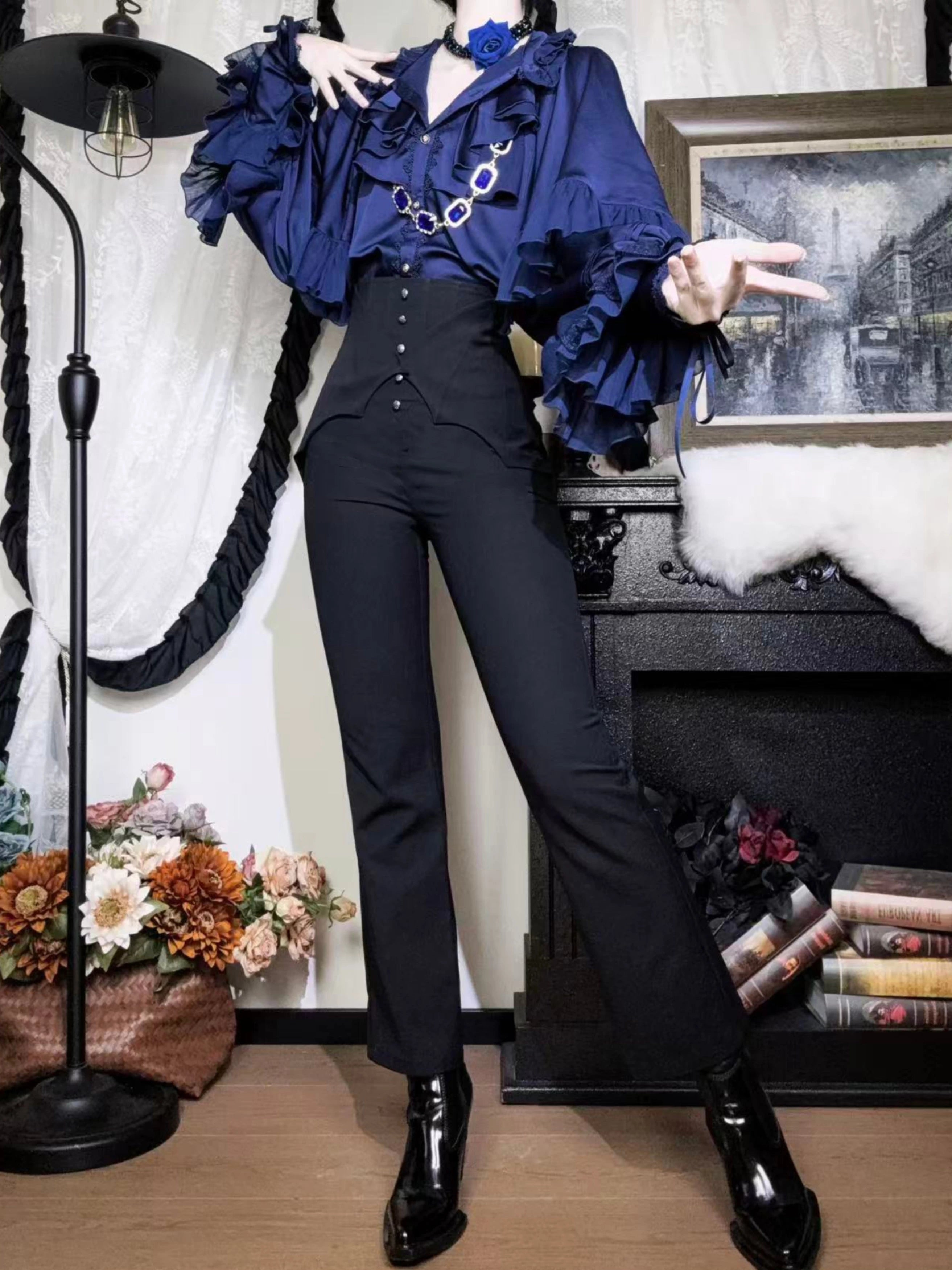 Earl of Drooping Wings - Ouji Lolita Flared Pants, Batwing Decoration 44550:812554